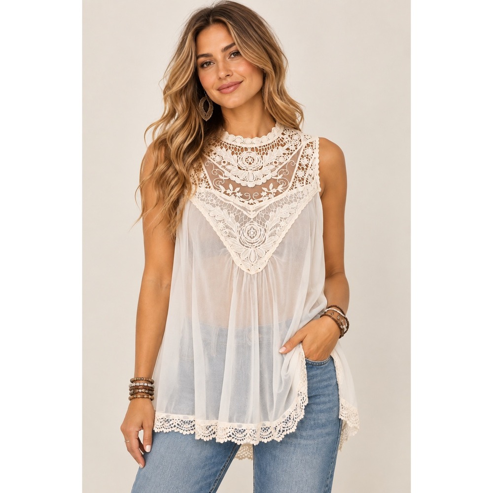 Nine West Vintage America Ivory Lace Chiffon Sleeveless Babydoll Top Large